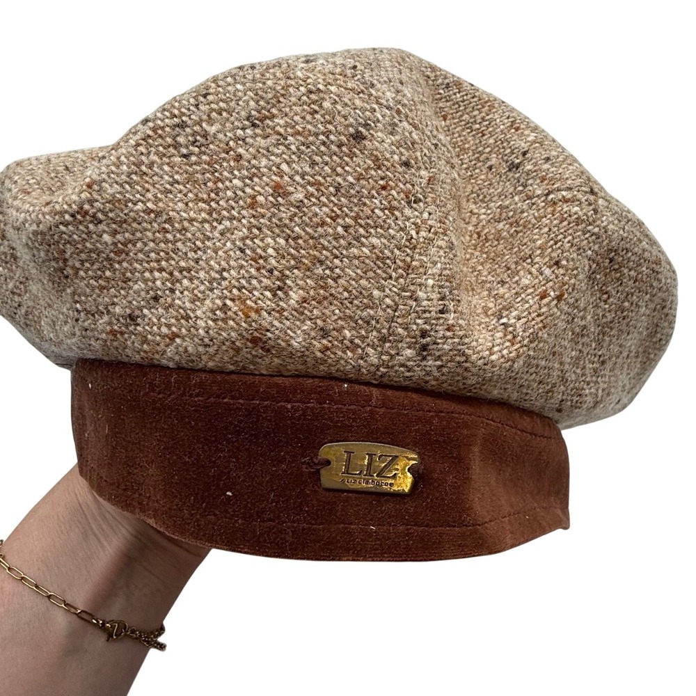 VTG Liz Claiborne Tan Tweed Wool Beret 90s Brown Faux Suede Trim dark academia